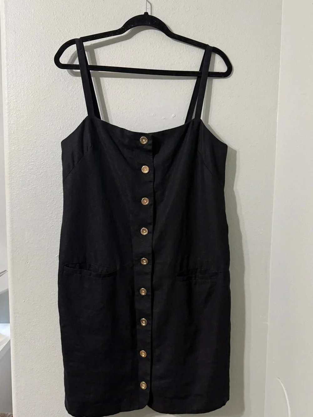 J. Crew 100% Linen Black Gold Button Front Spaghetti Strap Dress Lined M Tall
